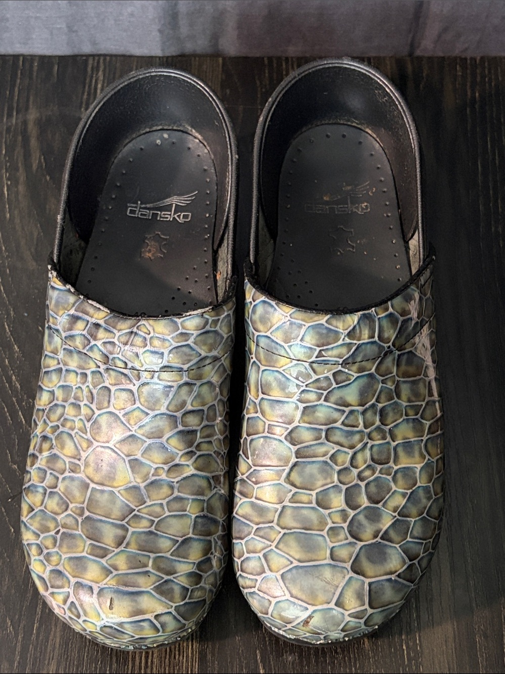 Dansko Iridescent Teal Scale Pattern Clogs